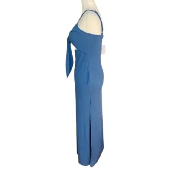 NEW Blue Size Small Tie Front Cutout Bodycon Maxi Dress Slit Spaghetti Strap - Picture 5 of 6